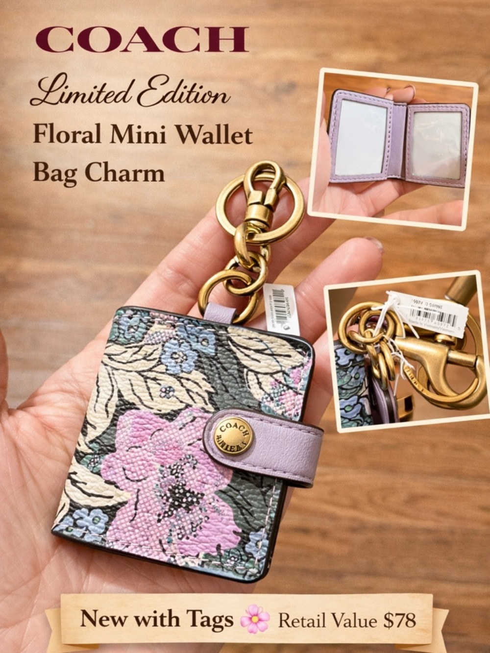 Coach Mini Photo Frame Picture Holder Keychain Bag Charm NWT